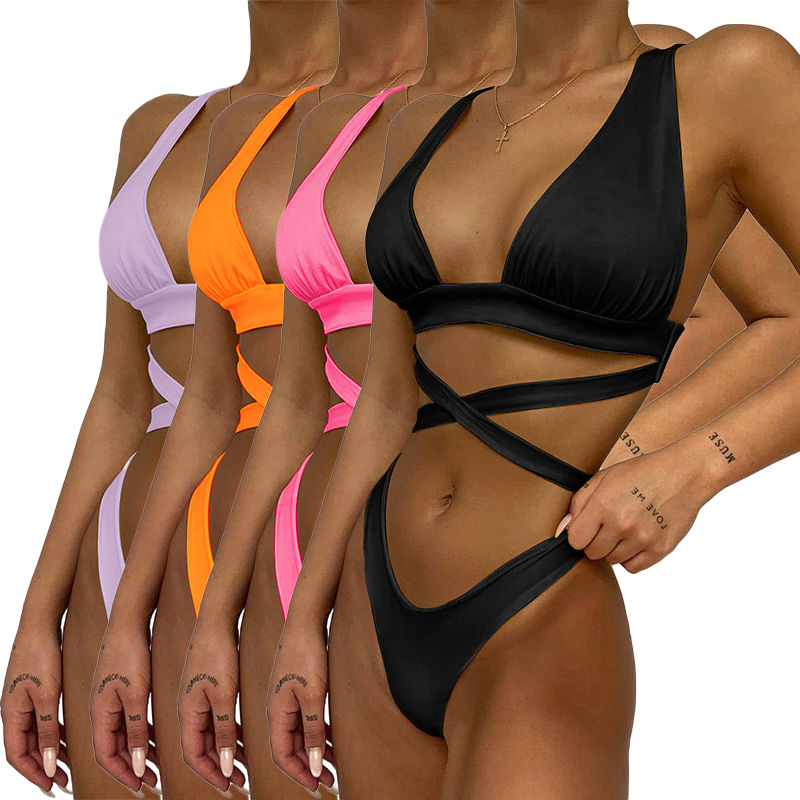 Women's Solid Color Cross Strap Bikini Set Sexy Beachwear