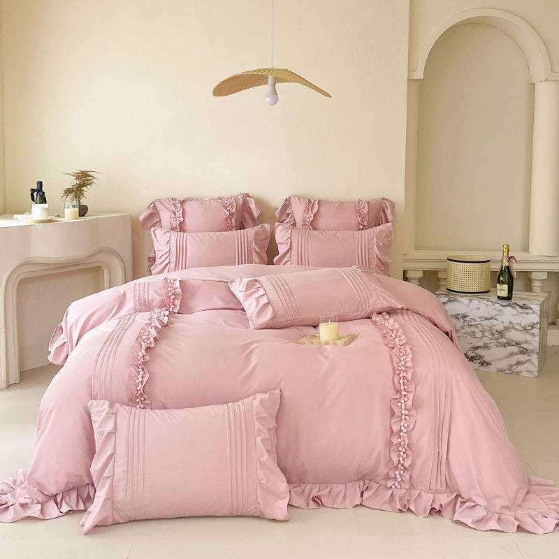 Thumbnail: 4-Piece Korean Princess Bedding Set – Lace Ruffles Duvet Cover & Pillowcase