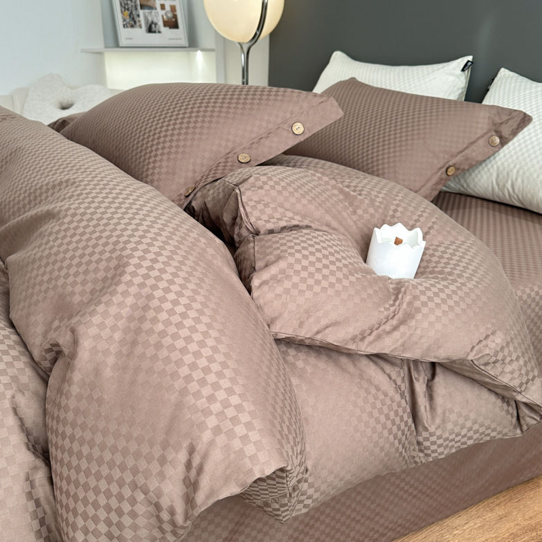 Thumbnail: 4-Piece 100% Cotton Jacquard Bedding Set – Elegant Plaid Design