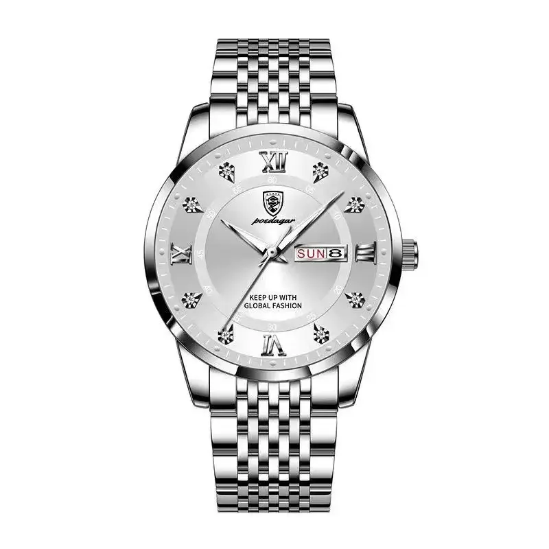 Thumbnail: POEDAGAR Stainless Steel Quartz Watch – Men's Luxury Chronograph with Calendar