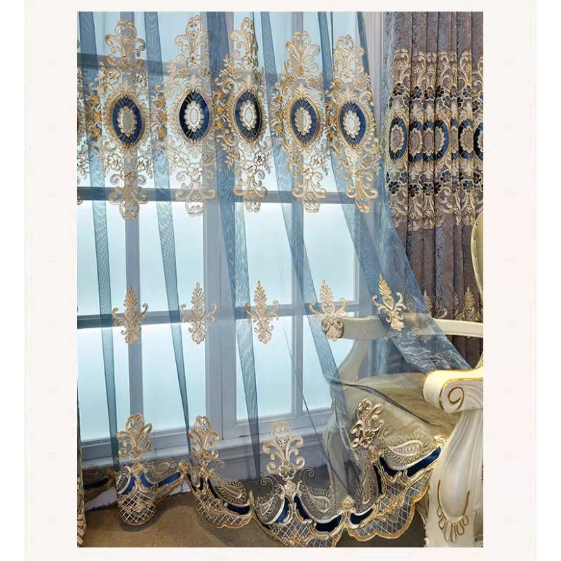 Thumbnail: European Embroidered Blue Luxury Blackout Curtains for Living Room & Bedroom