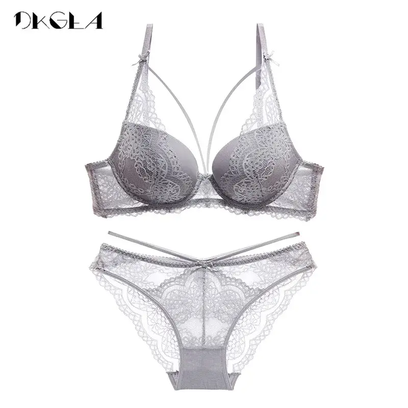 Thumbnail: Green Lace Embroidery Push Up Cotton Bra Set Thick Gather Sexy Women Lingerie
