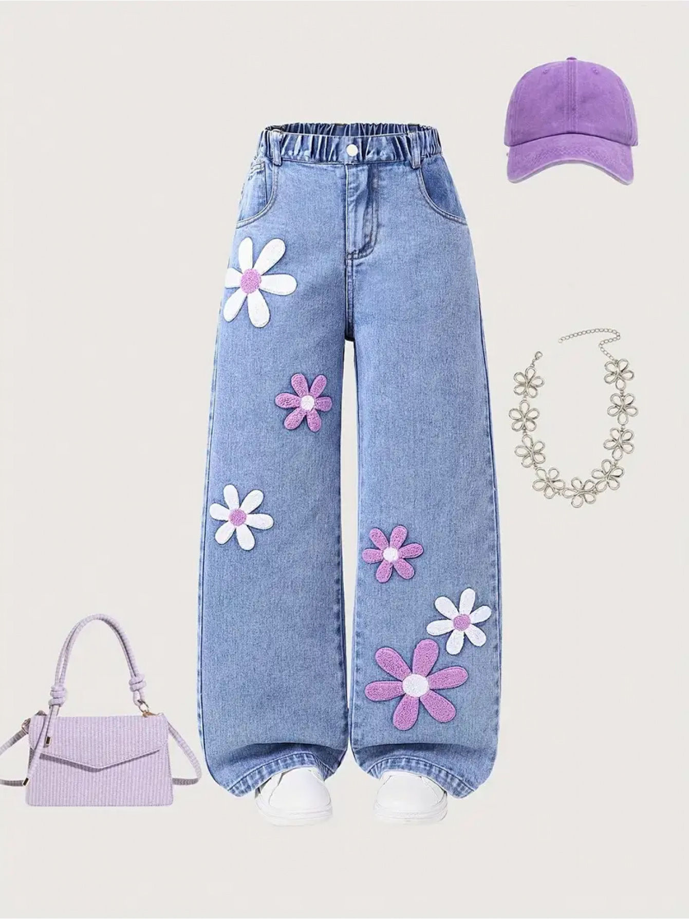 Girls’ Butterfly & Sunflower Applique Wide-Leg Denim Pants
