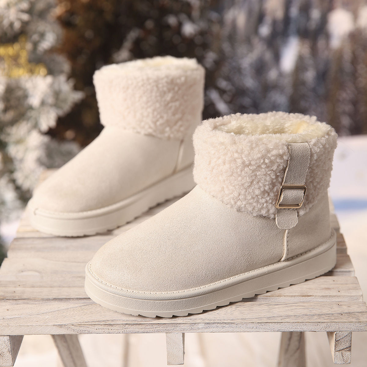 Womens Faux Fur Ankle Snow Boots with Non Slip Sole and Thick Bottom