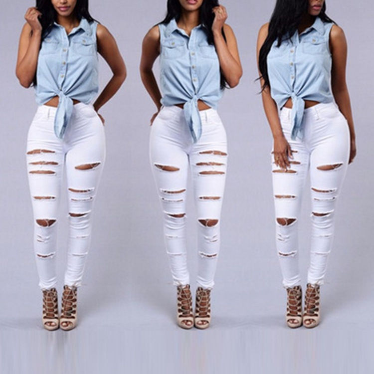 Thumbnail: Women's Plus Size Ripped Skinny Jeans – Extra Long, High Waist, Stretch Denim
