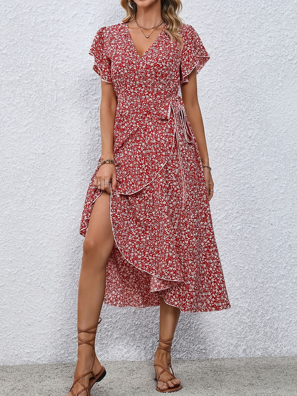 Thumbnail: Women's Flowy Split Midi Dress V-Neck Short Sleeve
