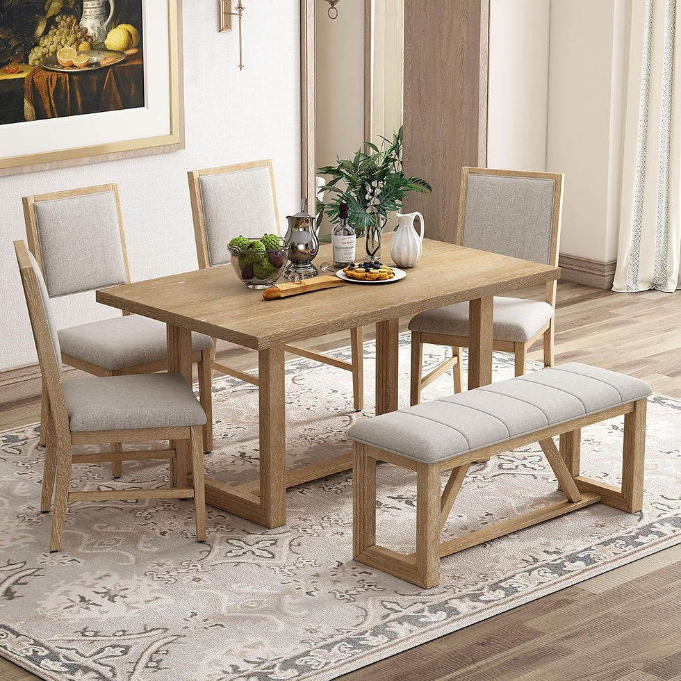 Thumbnail: 6-Piece Retro Dining Set – Wooden Table with 4 Upholstered Chairs & Bench