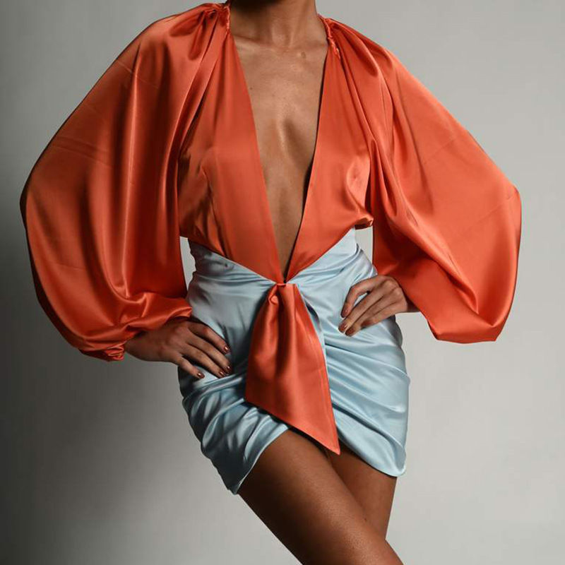 Thumbnail: Contrast Color Satin Skirt Set for Women Pleated Blouse Top 2 Piece Wear