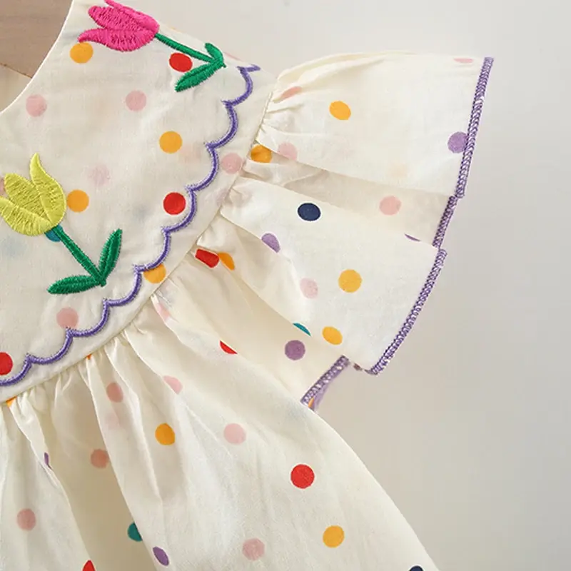 Thumbnail: Girls Summer Dress with Flower Embroidery and Colorful Dot Pattern