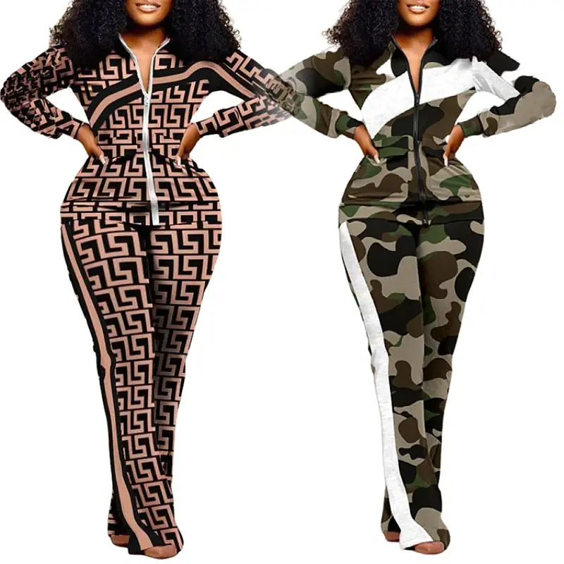 Women’s Printed Long Sleeve Zipper Jacket and Pants Two Piece Set