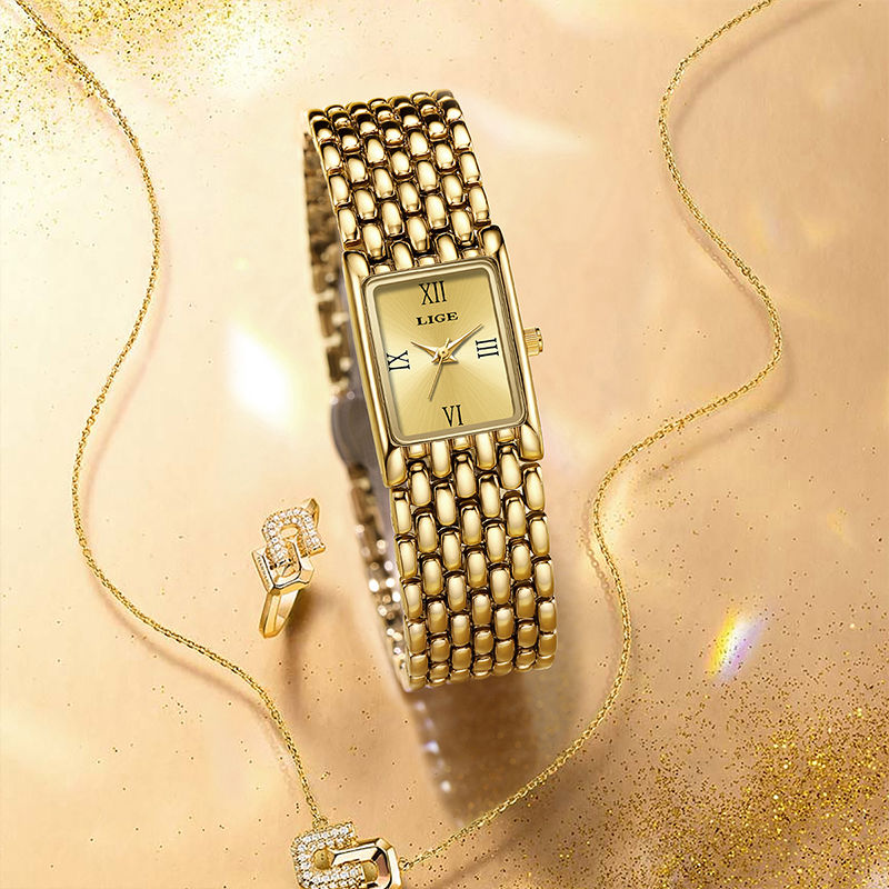 Thumbnail: LIGE Women's Gold Quartz Watch – Rectangle Case, Waterproof & Shock Resistant