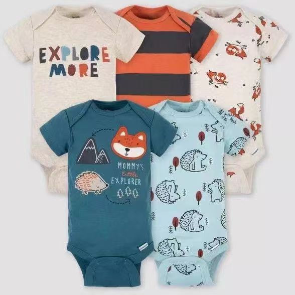 Thumbnail: 5 Piece Set Breathable Cotton Short Sleeve Bodysuits for Infant Summer Comfort