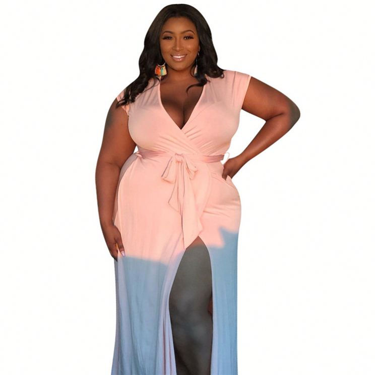 Thumbnail: Pink Plus Size Casual Maxi Dress Short Sleeve Solid Color