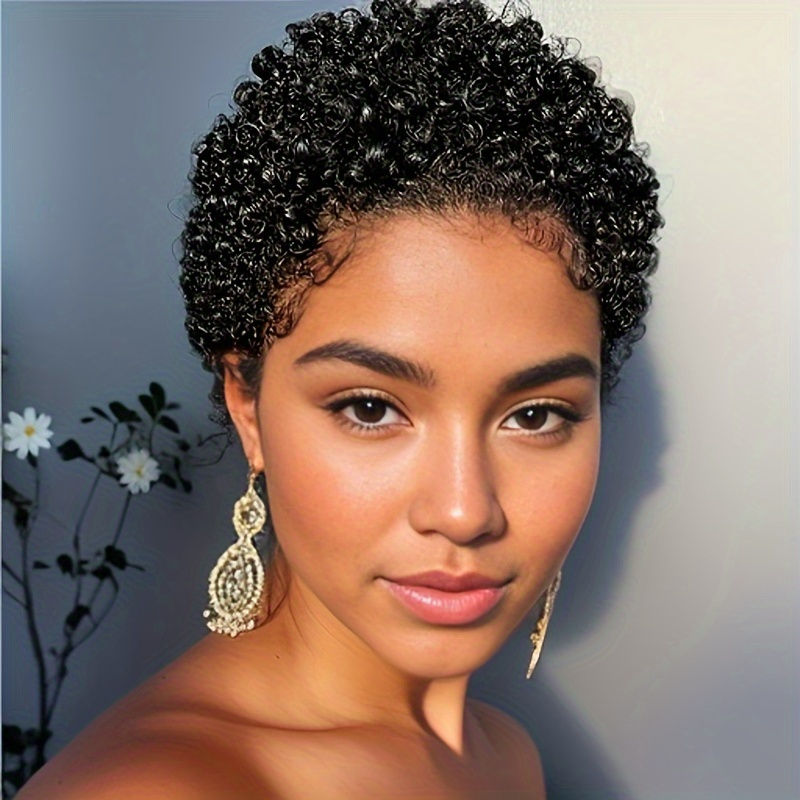 Thumbnail: Short Afro Curly Human Hair Wig 150% Density Machine Made Pixie Cut