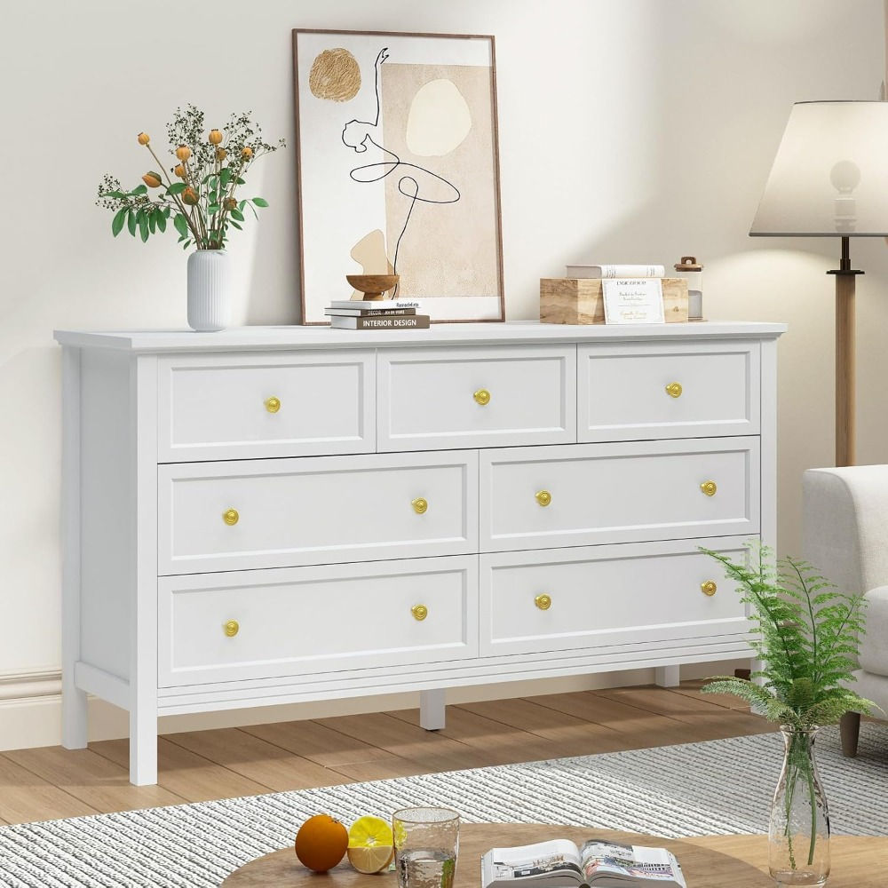 White 7-Drawer Bedroom Dresser with Wide Drawers and Gold Metal Handles