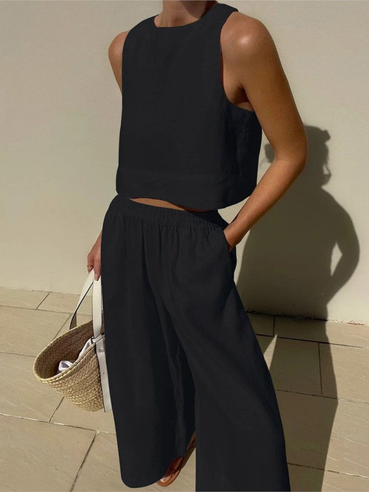 Thumbnail: Solid Color Two-Piece Set – Sleeveless O-Neck Top with Straight-Leg Pants