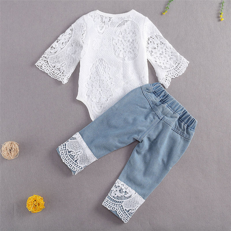 Thumbnail: Lioraitiin Baby Girls Long Sleeve Lace Romper Suit Fall Outfit Set