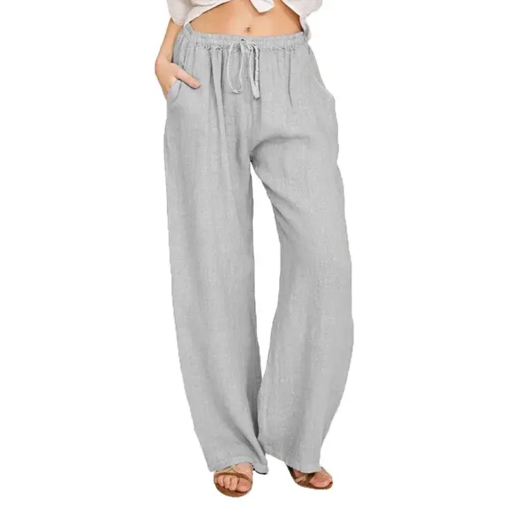 Thumbnail: Cotton Linen Drawstring Waist Wide Leg Pants