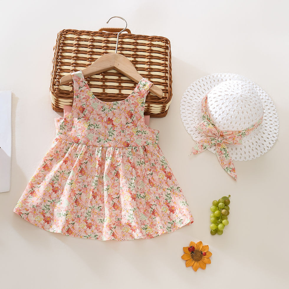 Thumbnail: Two Piece Baby Girl Dress with Bow Strap and Sun Hat for Summer Comfort