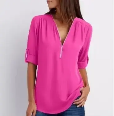 Thumbnail: Loose Chiffon V-Neck Blouse – Casual Long Sleeve Fashion Top