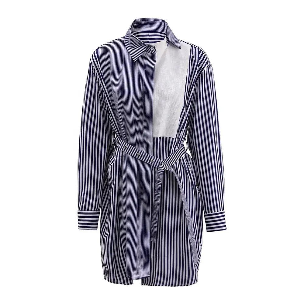 Women Crinkled Striped Poplin Shirt – Long Sleeve Cotton Blouse