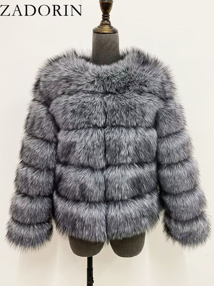 Thumbnail: Women’s Faux Fox Fur Patchwork Short Coat