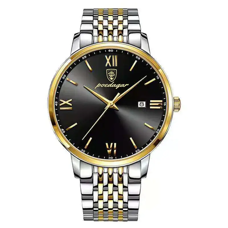 Thumbnail: POEDAGAR Stainless Steel Quartz Watch – Men's Luxury Chronograph with Calendar