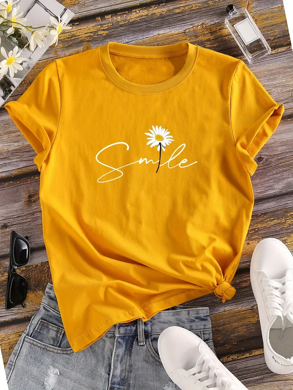 Thumbnail: Flower & Letter Print Crew Neck Tee – Casual Summer Short Sleeve Top