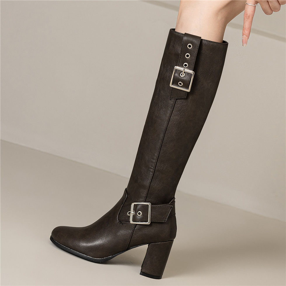 Thumbnail: Womens Retro Denim Boots with Belt Buckle and Round Toe for Autumn and Winter