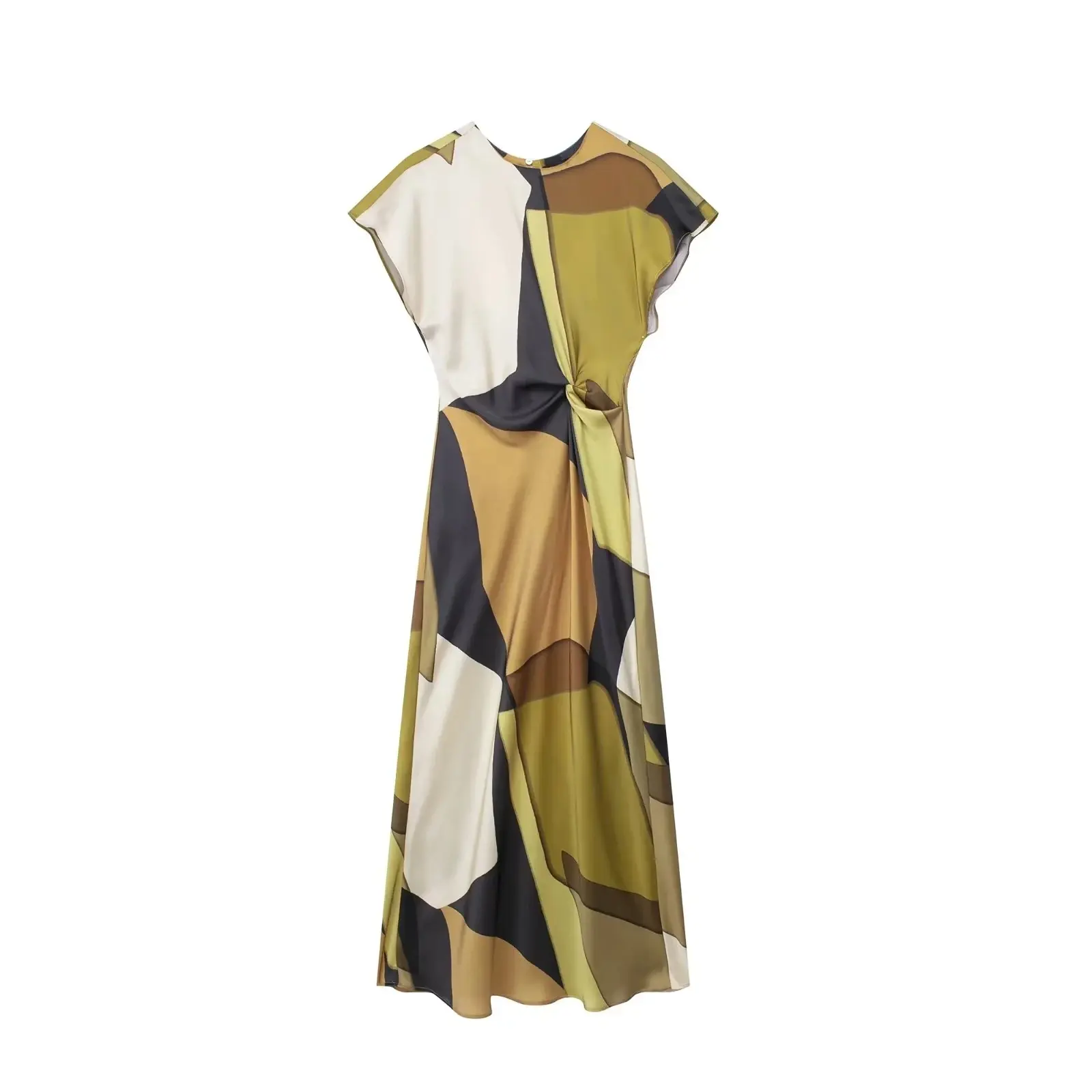 Vintage Print O‑Neck Cinched Waist Midi Summer Casual Chic Dress