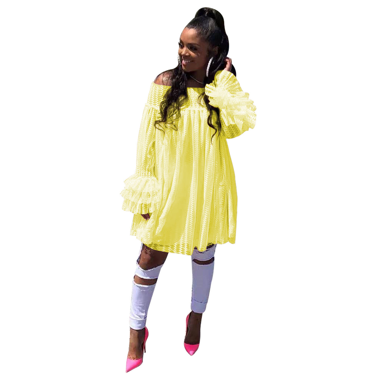 Solid Mesh Off‑Shoulder Flared Sleeve Fall Cover‑Up Dress