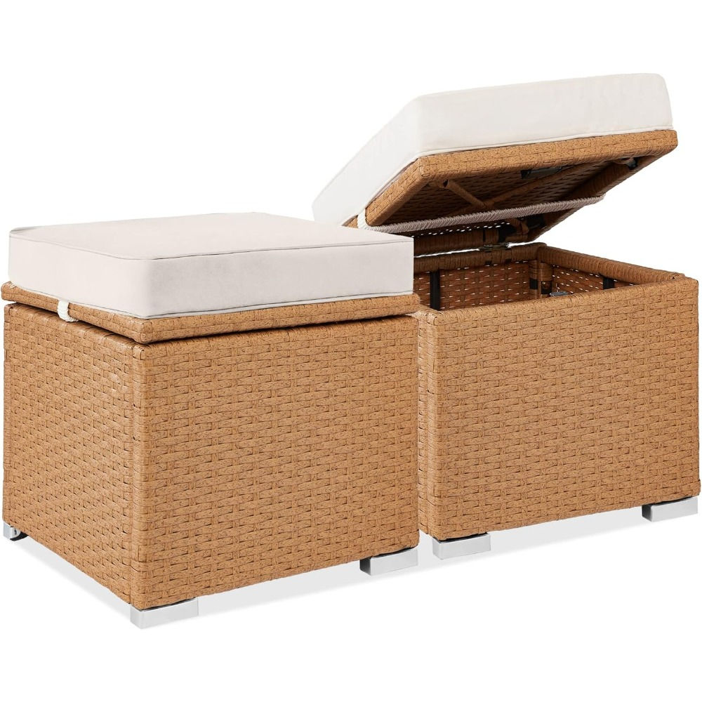 Set of 2 Wicker Ottomans with Hidden Storage and Removable Cushions – Natural