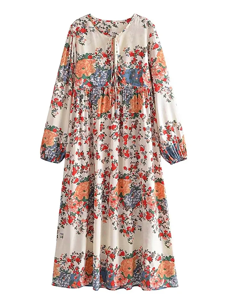 Thumbnail: Bohemian Maxi Dress with Purple Floral Print and Lace Up V Neck Design
