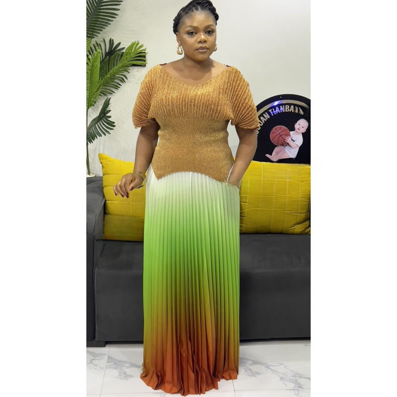 Thumbnail: Women Pleated 2 Piece Set V Neck Batwing Sleeve Long Skirt Casual Outfit