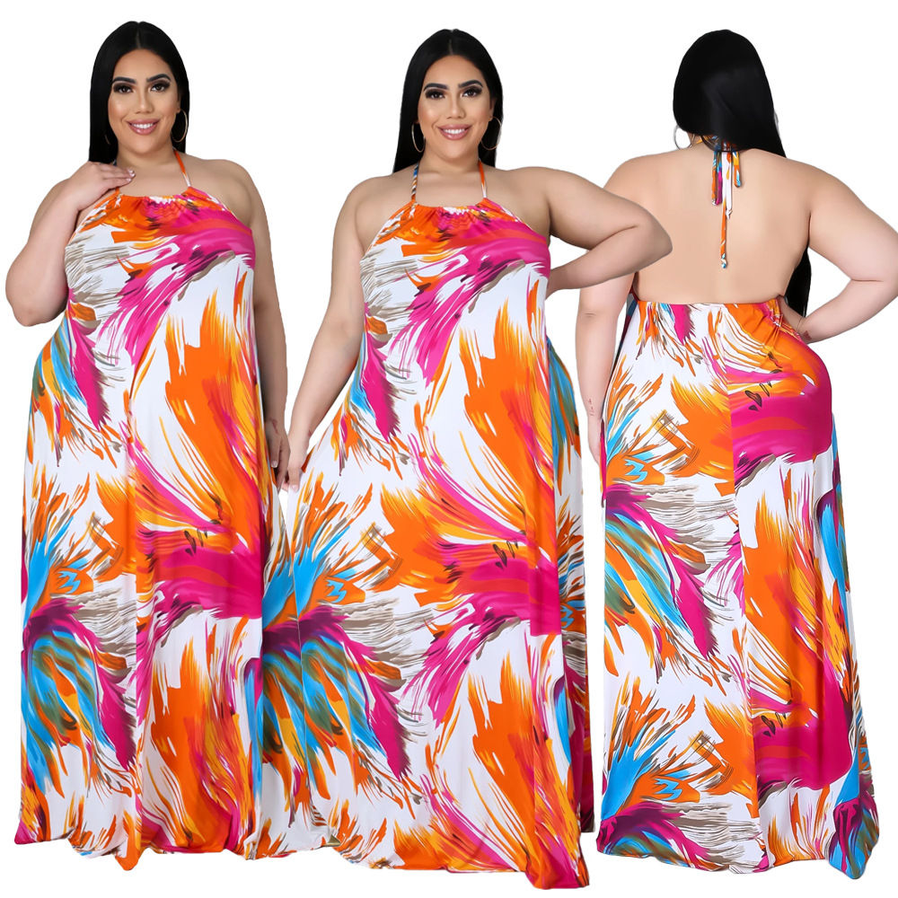 Women’s Colorful Print Halter Off‑Shoulder Loose Back Midi Dress