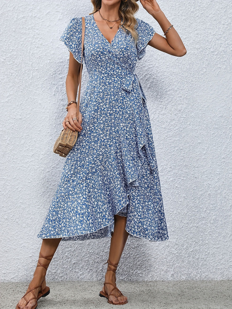 Thumbnail: Women's Flowy Split Midi Dress V-Neck Short Sleeve