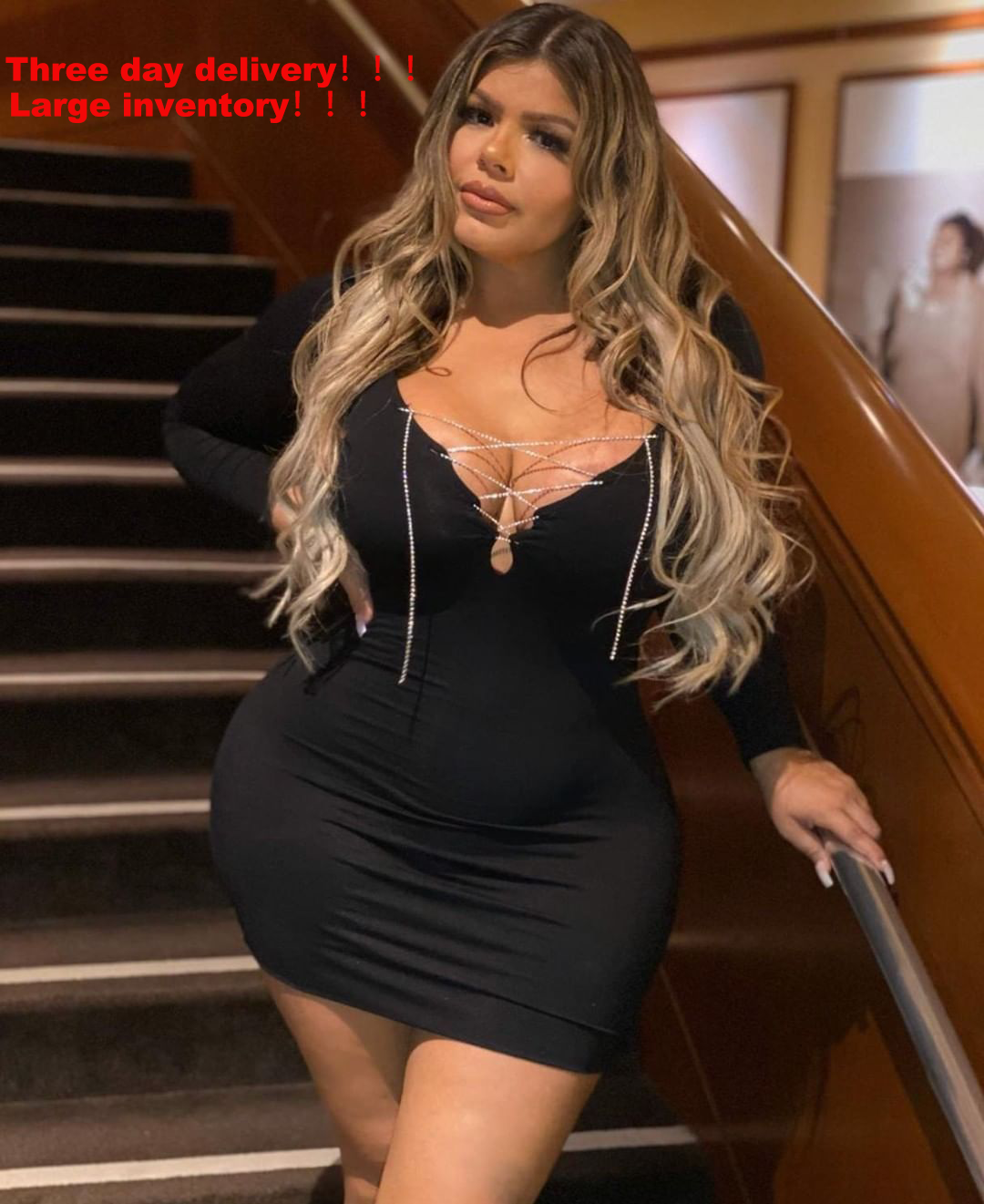 Plus Size V-Neck Long Sleeve Beaded Chain Long Skirt Dress Women’s Fashion