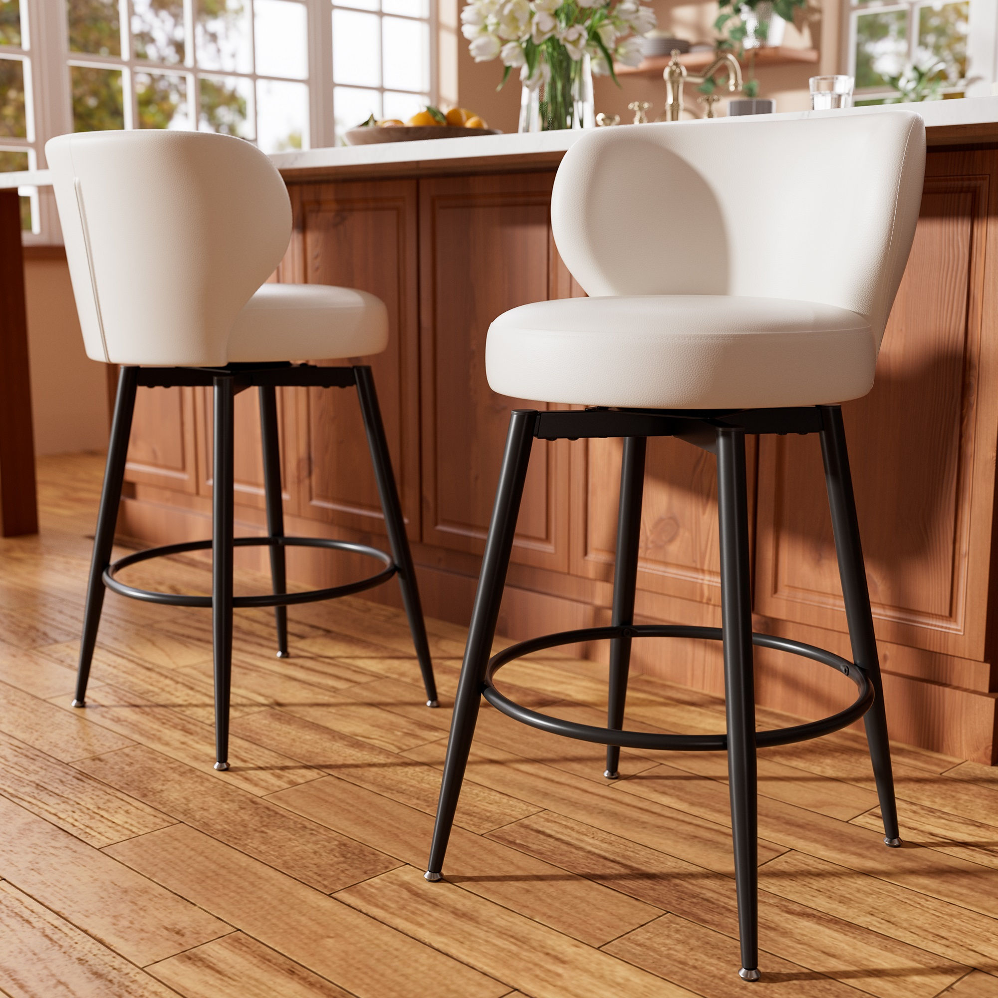 26" PU Leather Swivel Bar Stools Set of 2 – Counter Height Chairs with Low Back
