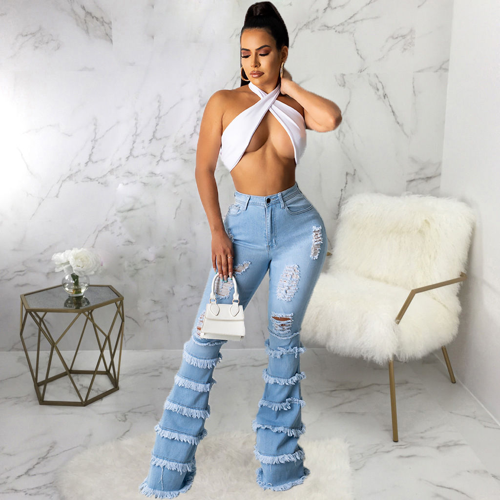 Women's Elastic Ripped Flared Jeans High Waist Stretch Denim