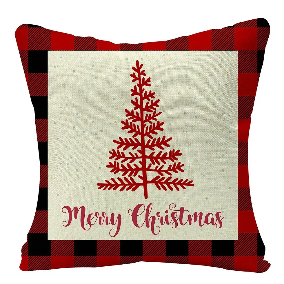 Thumbnail: Christmas Red Plaid Linen Cartoon Reindeer Tree Print Cushion Cover Sofa