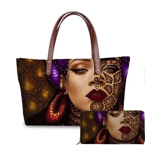 Thumbnail: Black African Art Printed PU Leather Tote & Shoulder Bag Set
