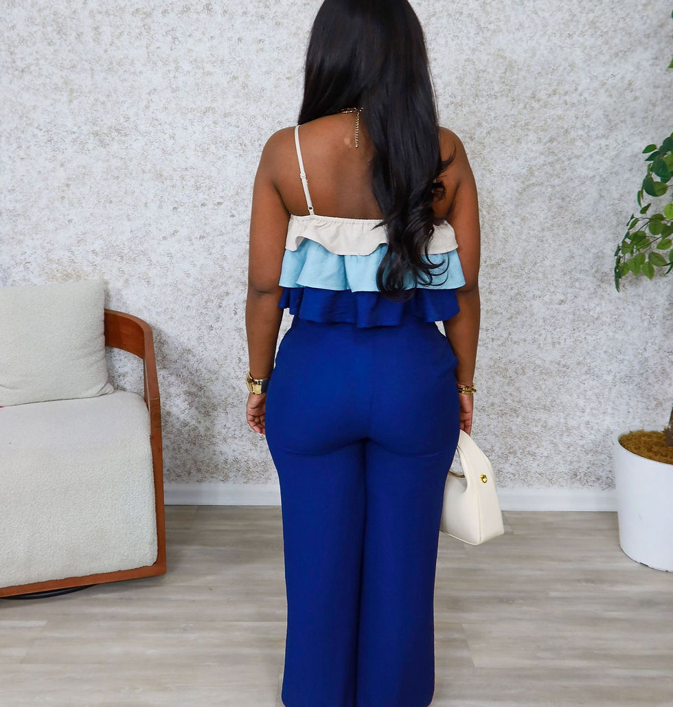 Thumbnail: Women's Set Patchwork Cascading Ruffles Strap Crop Top and Pants