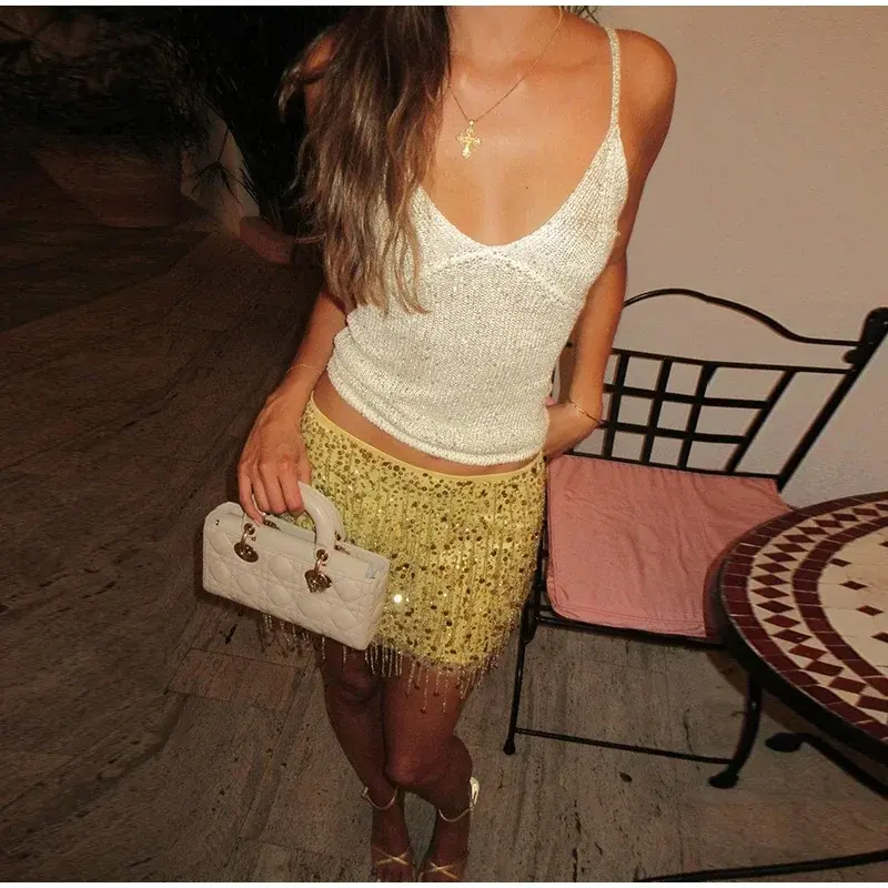 Thumbnail: Sequins Tassel Crop Top and Mini Skirt Two-Piece Set for Party Wear