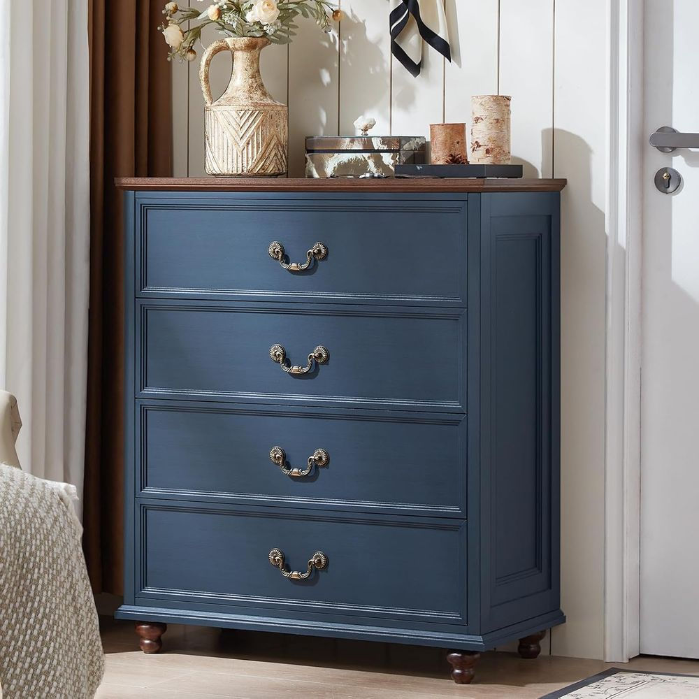 Mid-Century Navy Blue 4-Drawer Farmhouse Dresser with Solid Wood Legs