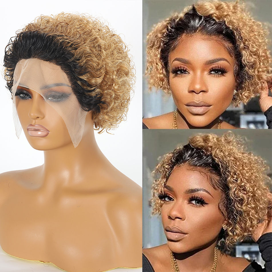 Thumbnail: Curly Pixie Cut Water Wave Wig 13x1 Lace Front – Brazilian Human Hair