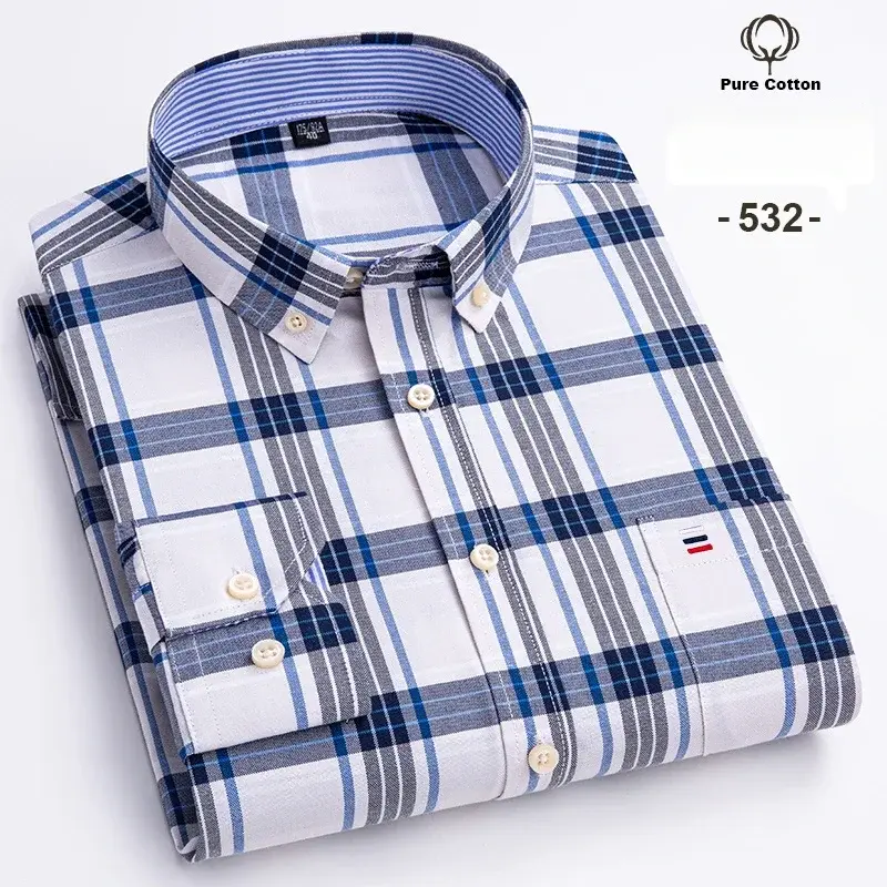 Thumbnail: Men’s Oversized Oxford Shirt – 100% Cotton Plaid, Slim Fit, Long Sleeve