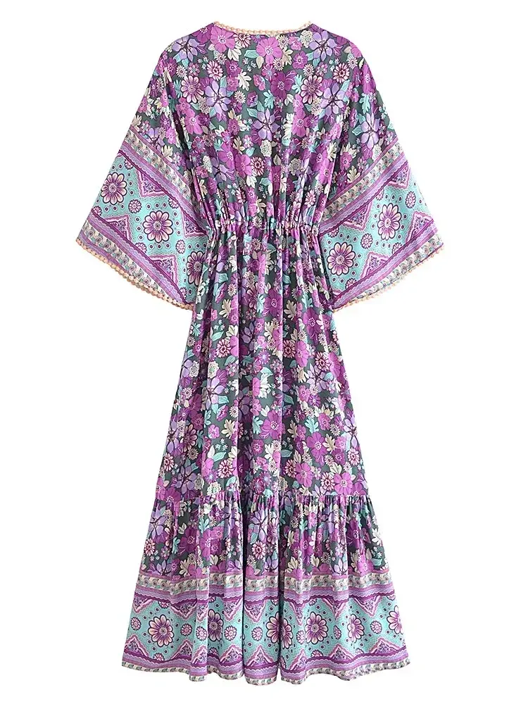 Bohemian Purple Floral Maxi Dress for Women with Batwing Sleeves and Cover Up