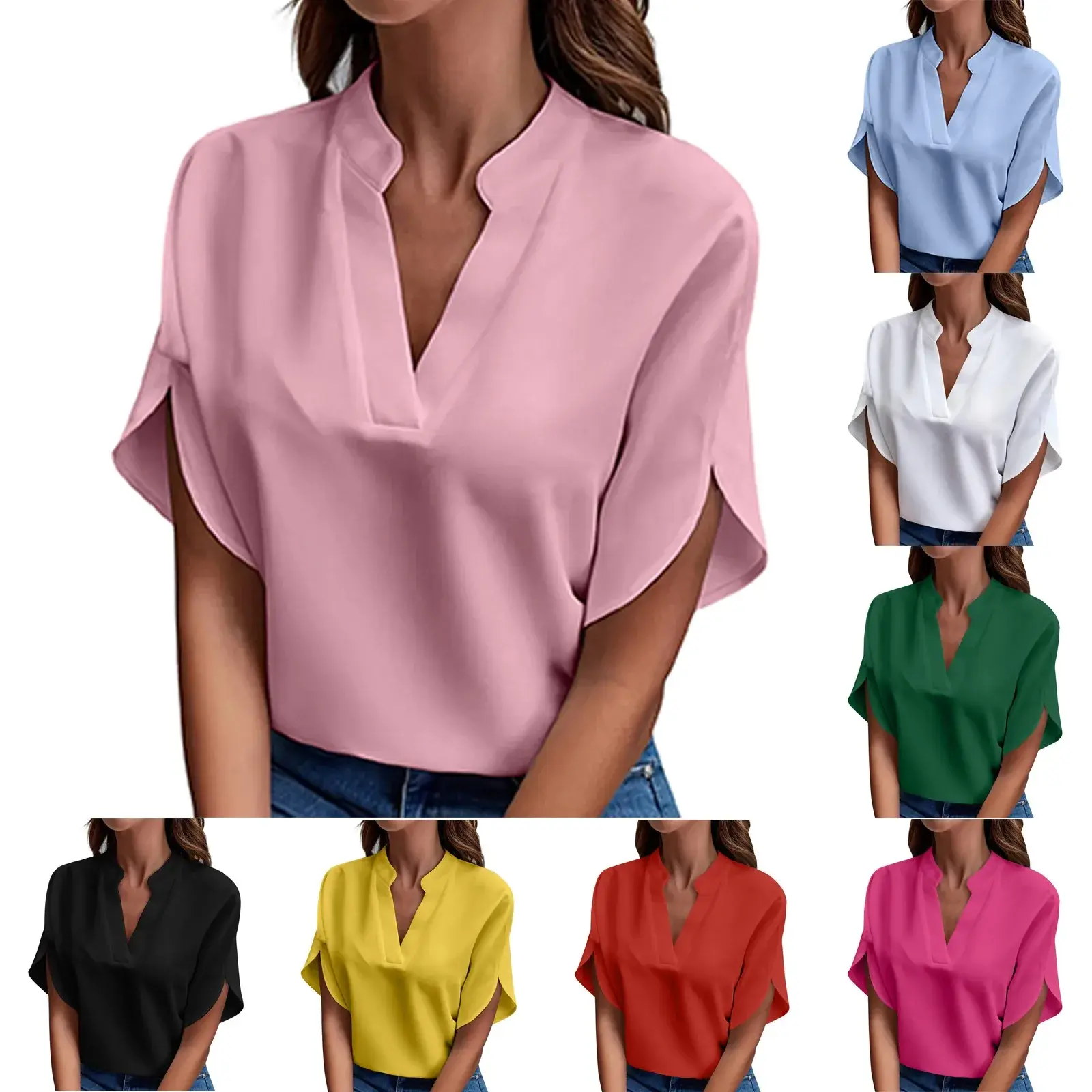 V Neck Short Sleeve Blouse for Women Loose Fit Plus Size Summer Casual Top