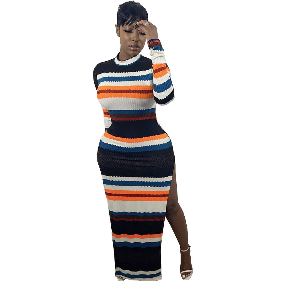 Thumbnail: Striped Ribbed Knit Maxi Dress Crew Neck Long Sleeve High Split