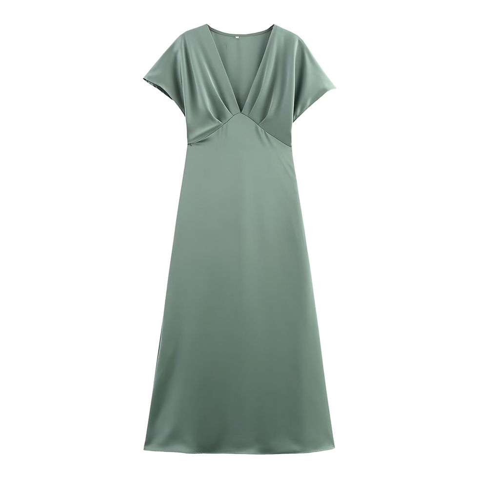 Thumbnail: Elegant Solid Satin V Neck Short Sleeve Midi Dress